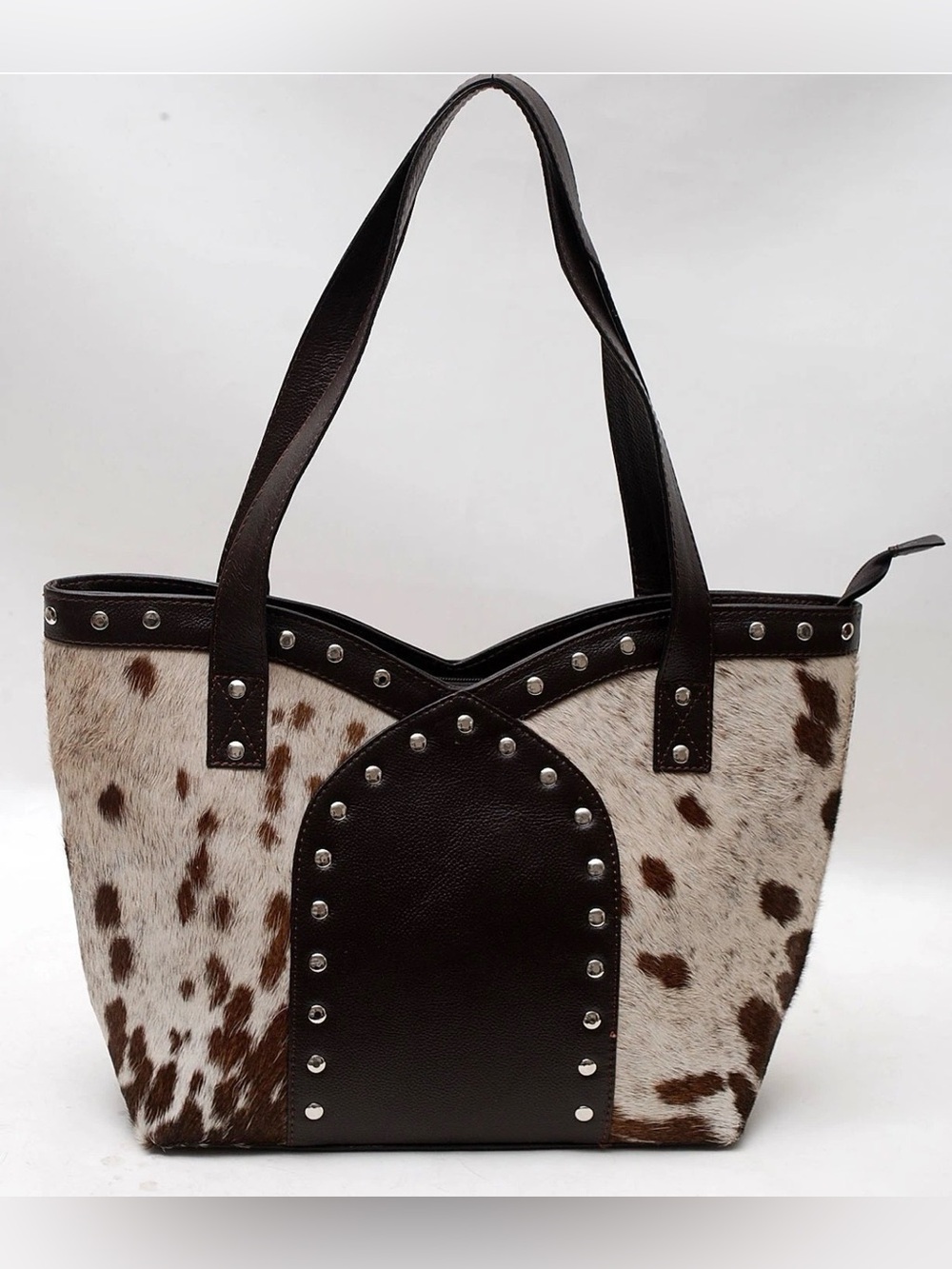 Brown Cowhide Tote Bag with Studded Leather Trim